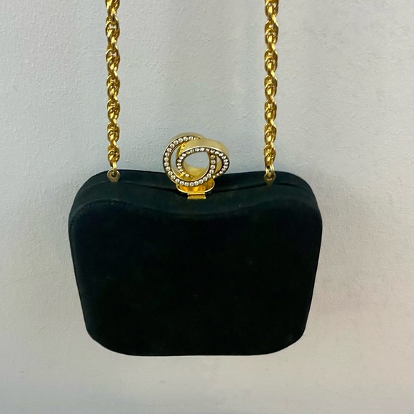 RODO VTG Rhinestones Black Satin Hard Case Evening Purse Handbag Clutch RARE* - Picture 9 of 13